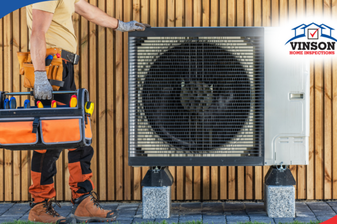 HVAC technician standing next to an outdoor unit with a tool bag in hand.