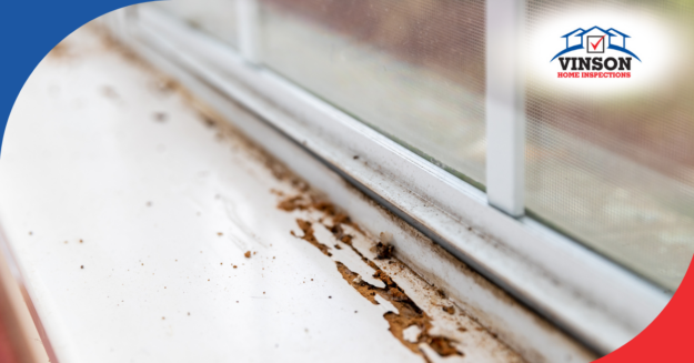 Termite damage and debris along interior window sill.