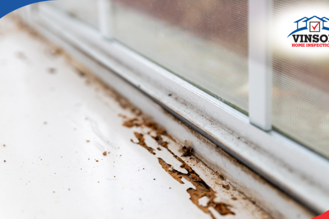 Termite damage and debris along interior window sill.