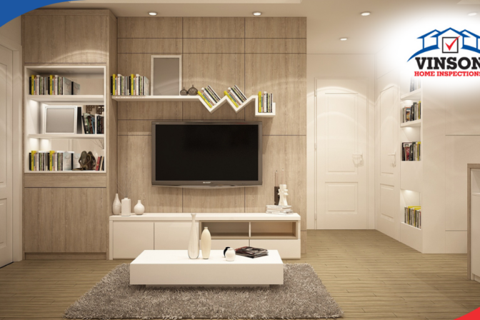 Vinson Home Inspections Modern living room with built-in shelving, flat-screen TV, and minimalistic decor.