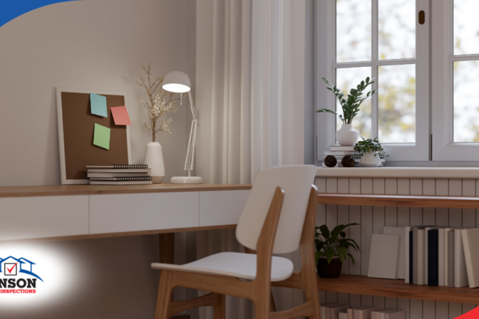 Vinson Home Inspections Peaceful study space with a wooden desk, lamp, and books by a window.