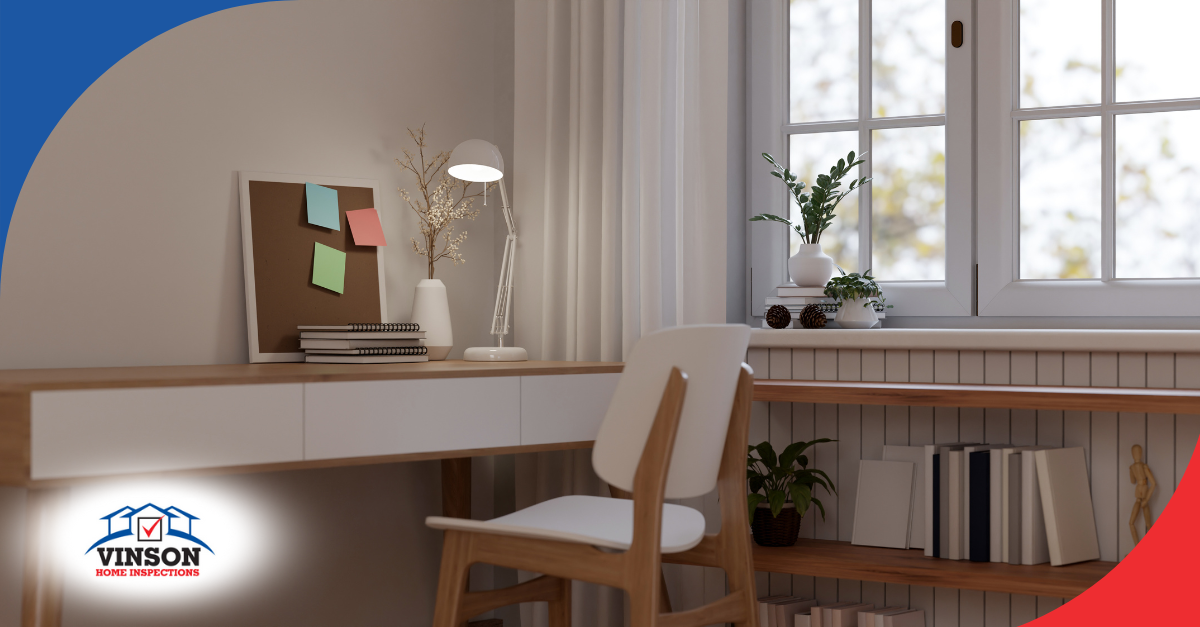 Peaceful study space with a wooden desk, lamp, and books by a window.
