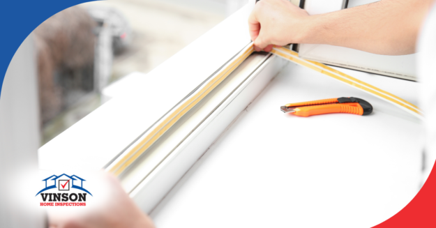 Vinson Home Inspections Hands installing weatherstripping on a window frame.