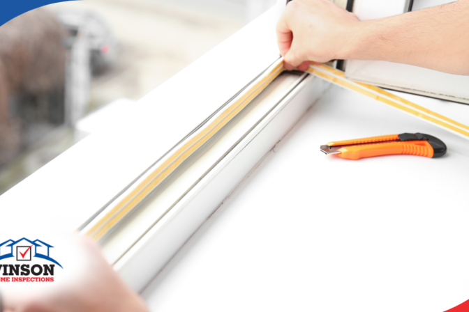 Vinson Home Inspections Hands installing weatherstripping on a window frame.