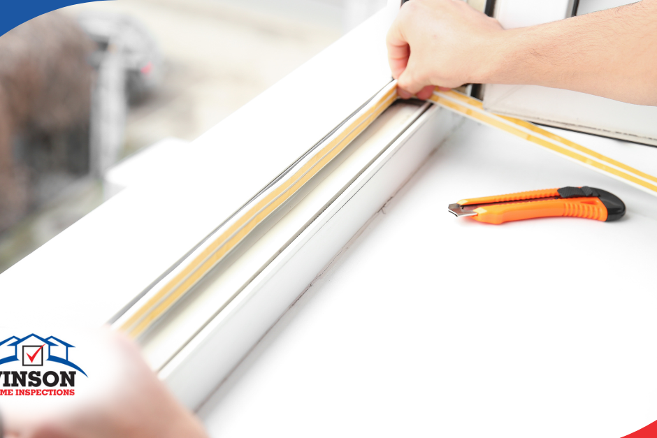 Hands installing weatherstripping on a window frame.