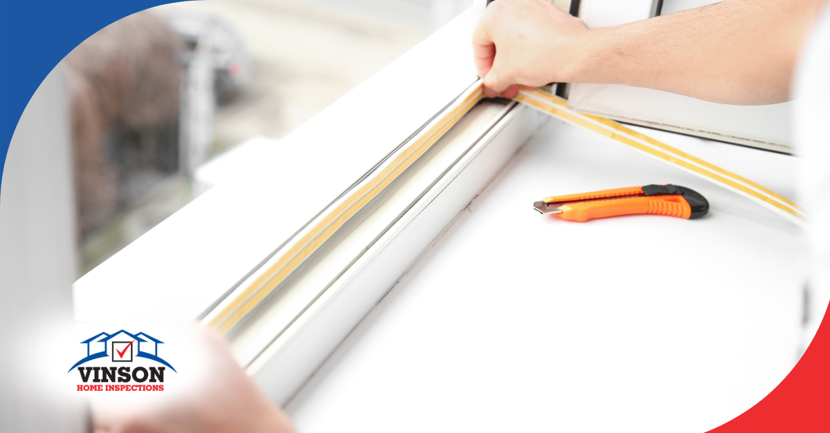 Vinson Home Inspections Hands installing weatherstripping on a window frame.