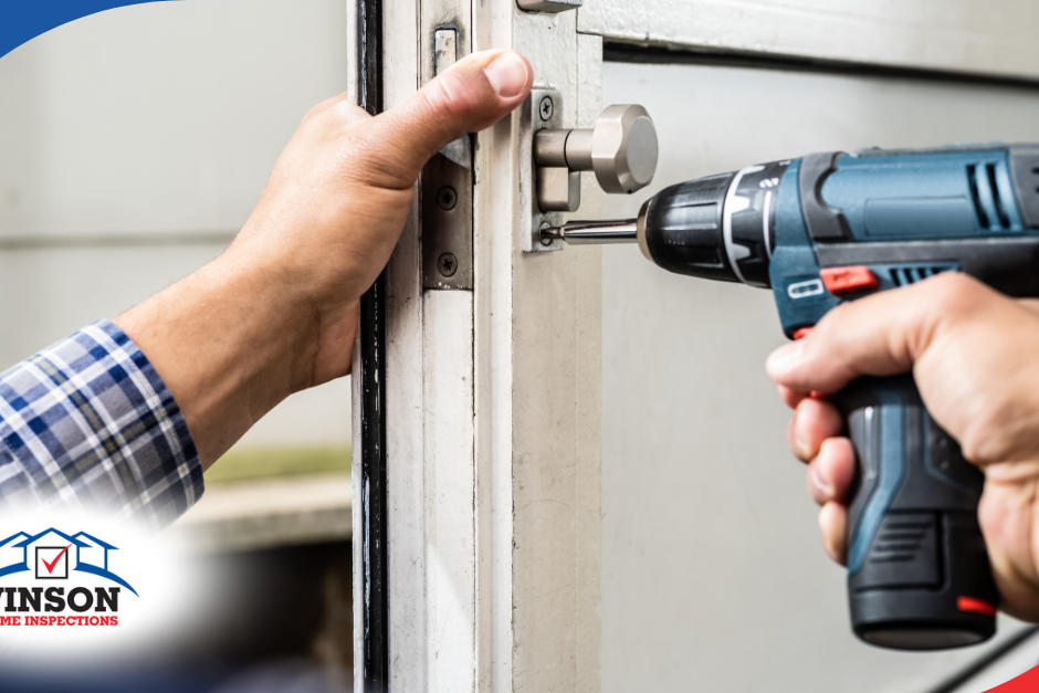 Person tightening a door latch with a power drill.